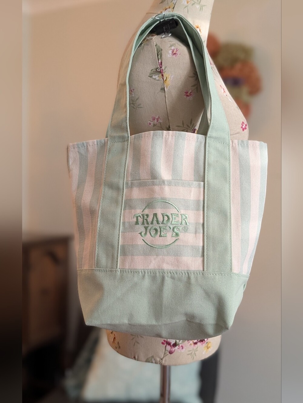 Trader Joe's Mint Green Striped Canvas Tote Bag